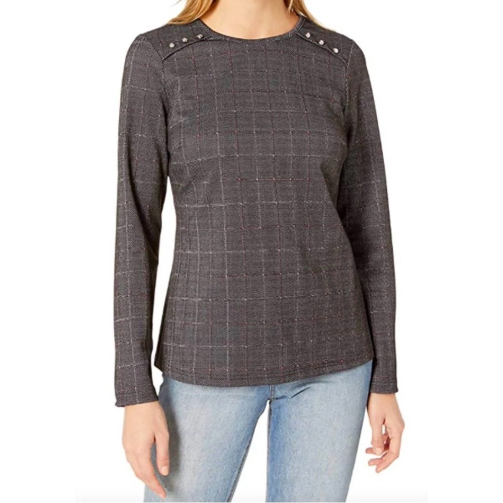 NANETTE LEPORE Black Gray Stretch Window Pane Long Sleeve Pullover Top Large NWT